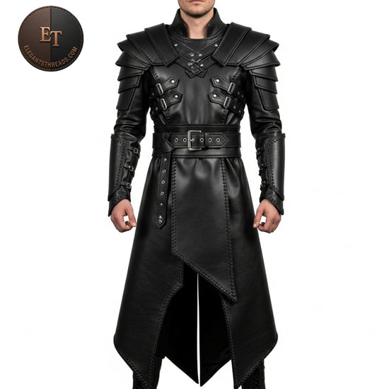 Men’s Genuine Sheep Leather Warrior Costume Set | Long Coat & Pant | Medieval Fantasy Armor Cosplay Outfit | Handmade by ElegantThreads