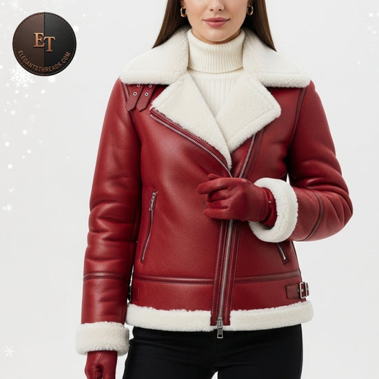 Women’s Red Shearling Leather Jacket – Christmas Edition | Genuine Sheep Leather Winter Coat with Fur Collar | ElegantThreads Holiday Collection