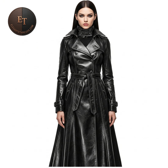 Handmade Women’s Gothic Leather Trench Coat – Full-Length, Vintage-Inspired, Fitted Design