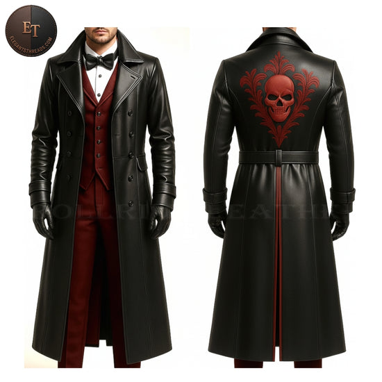 Gothic Vampire Trench Coat – Black with Red Skeleton Design, Full-Length Leather, Handmade, Open Front