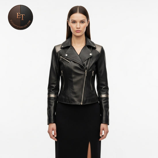 Women’s Leather Jacket – Creative Design, Asymmetrical Zipper, Metallic Accents, Fitted Stylish Outerwear, Cheap Leather