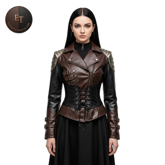 Handmade Steampunk Double-Tone Leather Jacket – Brown & Black, Corset Waist, Unique Gothic Outerwear