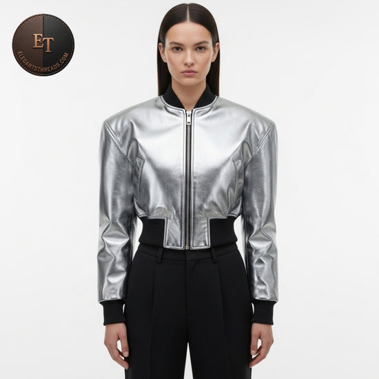 Handmade Futuristic Metallic Cropped Bomber Jacket – Silver Double-Tone Leather, Ribbed Hem & Bold Zipper, Streetwear Luxury