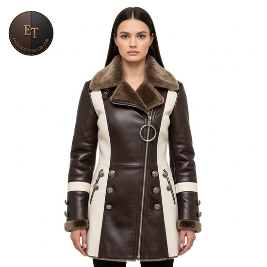 Handmade High-Fashion Fur-Lined Double-Tone Leather Jacket – Chocolate & Cream, Sculpted Buttons, Luxury Streetwear