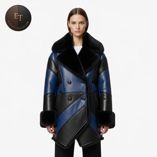 Handmade Luxe Oversized Fur-Trim Leather Jacket – Blue & Black, Double-Breasted, Asymmetric Hem, Luxury Streetwear