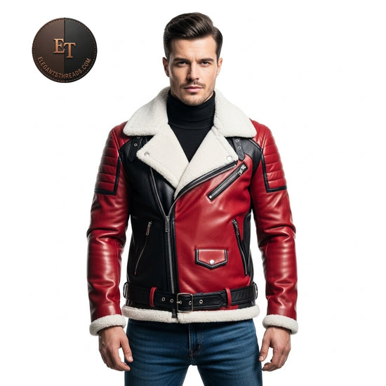 Men’s Red & Black Shearling Leather Biker Jacket – Genuine Sheep Leather Winter Coat | Christmas Edition Outerwear | EleganThreads