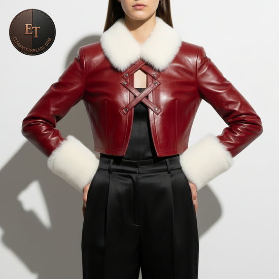 “🔥 Sexy Cherry-Red Cropped Leather Jacket | Luxury Christmas Holiday Fur Trim ❄️ ElegantThreads”