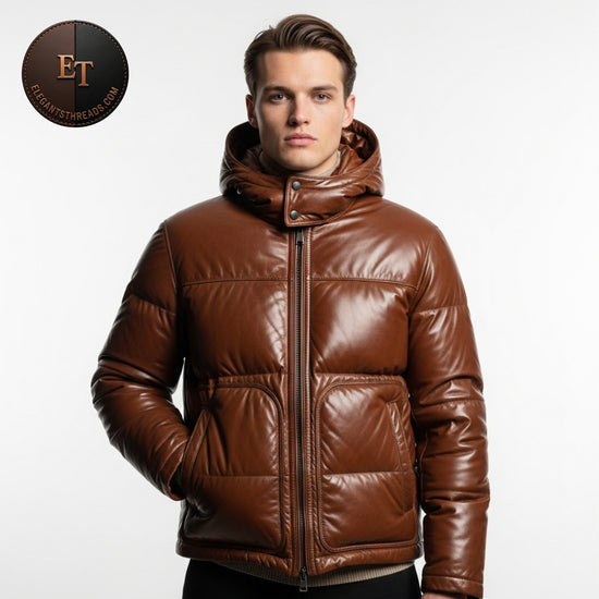 "Handmade Puffer Leather Jacket – Brown Lambskin, Quilted Luxury Outerwear"
