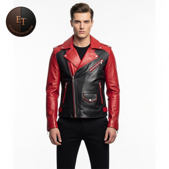 Luxury Red & Black Lambskin Leather Moto Jacket for Men | Asymmetrical Biker Style | Premium Handmade Slim Fit Jacket – Eleganthreads