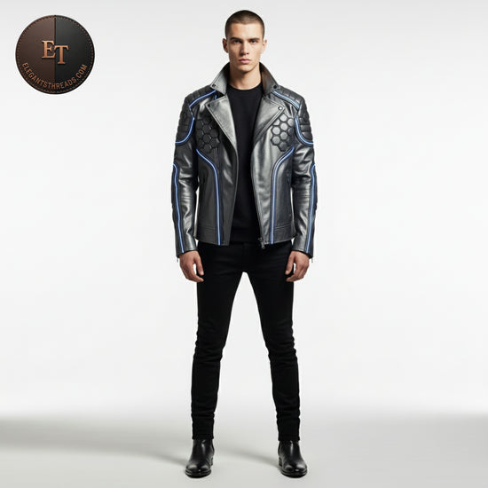 Men’s Steel Matrix Futuristic Jacket – Grey Leather Cyberpunk Jacket – Premium Tech-Texture Outerwear – Urban Winter Fashion – Gift for Him