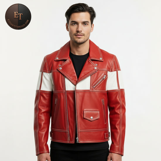 Men’s Vintage Red & White Racing Biker Jacket – 1980s Leather Retro Jacket – Slim Fit Motorcycle Outerwear – Holiday Gift for Him
