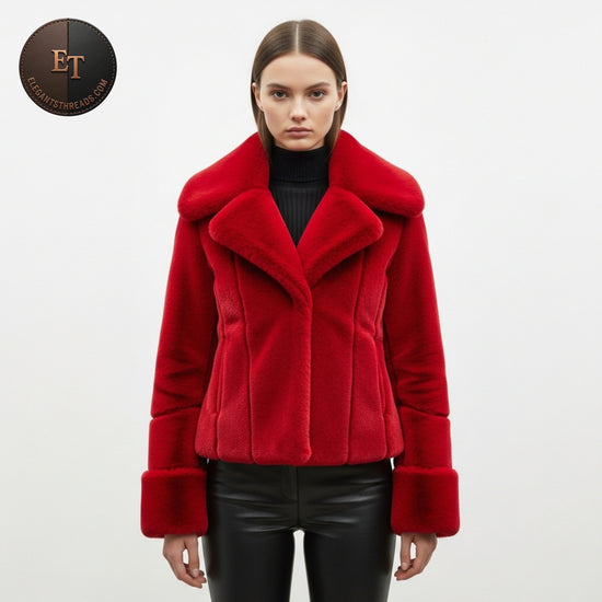 Women’s Red Faux-Fur Winter Jacket – Oversized Collar & Plush Cuffs – Slim Tailored Premium Outerwear – Holiday Fashion Gift for Her