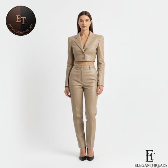 Luxury Cropped Beige Lambskin Leather Blazer & Pants Set for Women | Tailored Slim-Fit Lightweight Spring Outfit – Eleganthreads