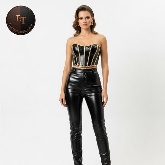 Luxury Black Lambskin Leather Strapless Corset Top & High-Waist Pants Set – Gothic Rave Festival Outfit – Premium Handmade Bustier & Pants, Perfect Gift for Her