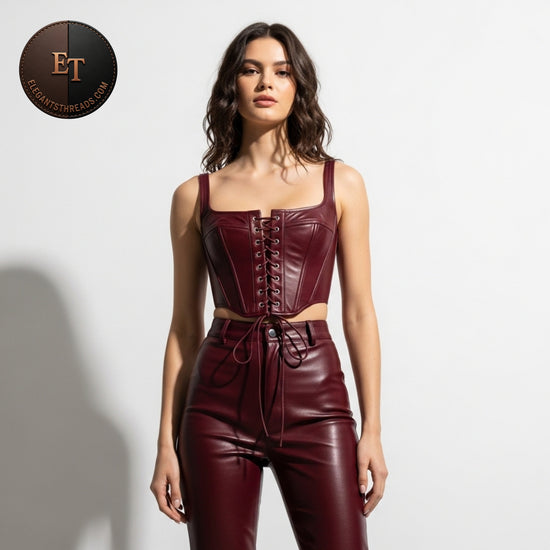 Luxury Deep Burgundy Lambskin Leather Strapless Corset Top & High-Waist Pants Set – Gothic Rave Festival Outfit – Premium Handmade Bustier & Pants, Perfect Gift for Her