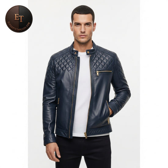 Navy Blue Quilted Lambskin Leather Jacket for Men – Slim Fit Gold Zip Moto Style – Eleganthreads Luxury Outerwear