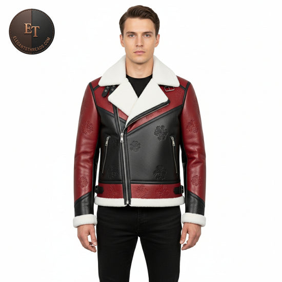 Men’s Christmas Jacket – Premium Red & Black Leather Jacket – Holiday Snowflake Jacket – Winter Outfit Gift