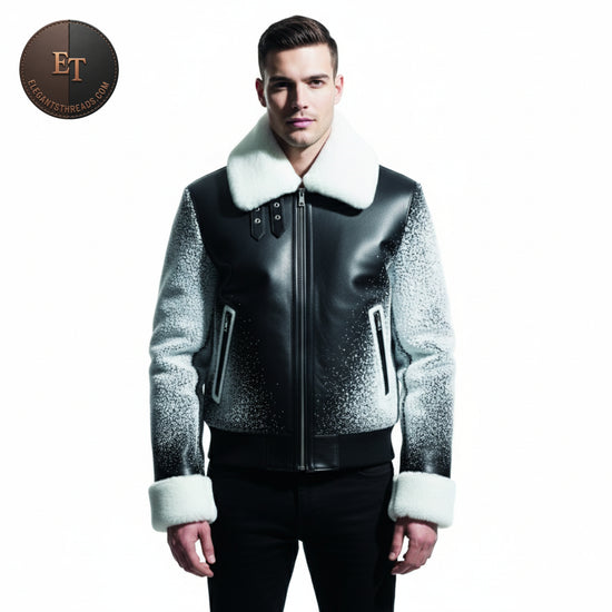 Men’s Arctic Fur Bomber Jacket – Black & Ice Blue Leather Winter Jacket – Faux Fur Collar & Cuffs – Premium Holiday Outerwear – Xmas Gift for Him