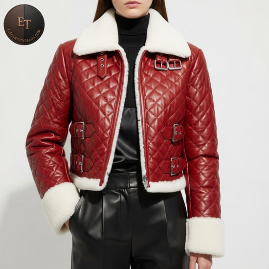 Cherry-Red Quilted Leather Jacket | Luxury Winter Fur Trim Holiday Fashion
