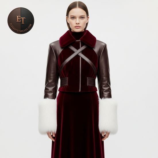 Burgundy Velvet & Leather Hybrid Jacket | Luxury Winter Fur Trim Holiday Fashion