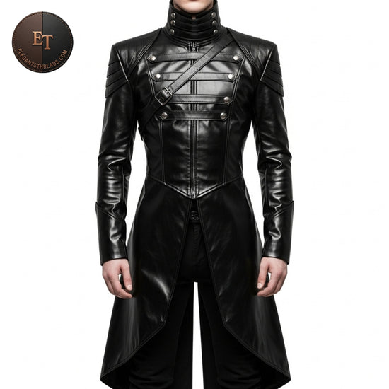 Handmade Black Leather Long Coat | Steampunk Gothic Long-Tail Winter Jacket
