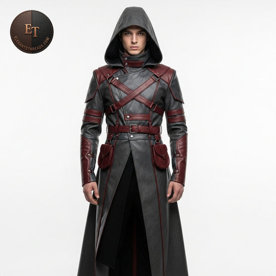 Handmade Shadow Grey & Maroon Assassin Leather Coat | Luxury Cosplay Long Tail Jacket