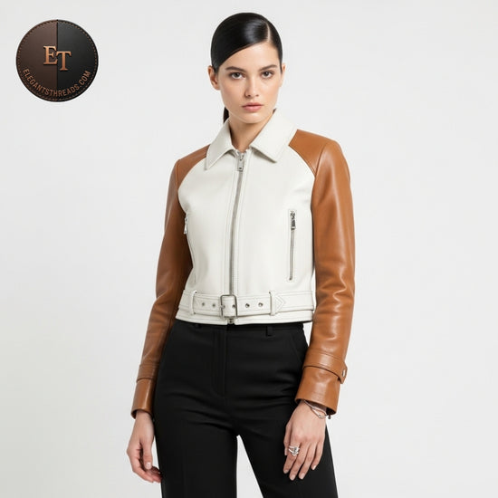 Two-Tone Handmade Ivory Tan Leather Jacket for Women | Cropped Belted Designer Coat | Luxury Winter Fashion