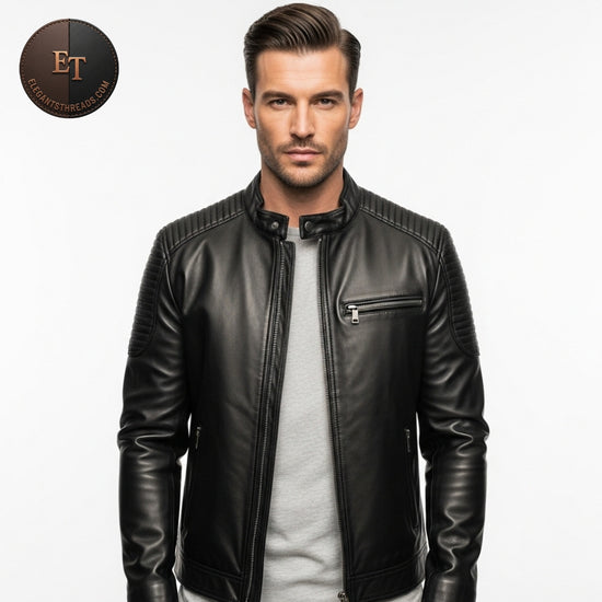 Men’s Matte Black Slim-Fit Leather Jacket | Ribbed Shoulder Biker Coat | Luxury Casual Winter Fashion