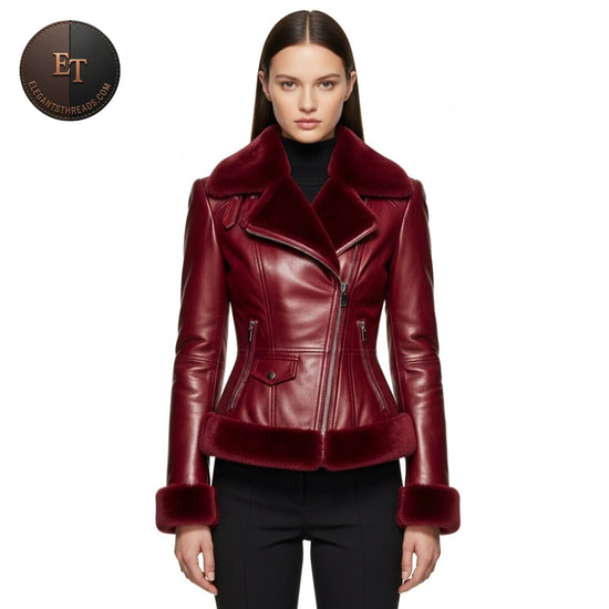 Women’s Dark Crimson Red Leather Jacket | Faux Fur Collar & Cuffs | Luxury Winter Holiday Fashion