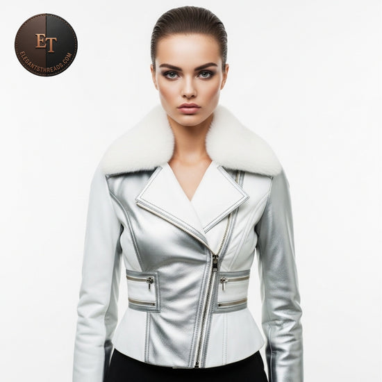 Women’s Two-Tone Platinum White & Silver Leather Jacket | Soft Fur Collar | Luxury Modern Winter Fashion