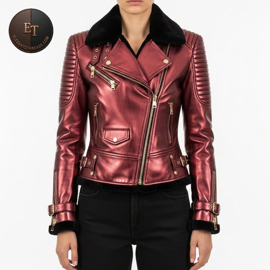 Metallic Burgundy Leather Jacket for Women | Cropped Luxury Moto Coat with Fur Collar | High Fashion Winter Streetwear Trend 2025