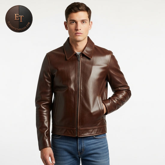 Dark Cognac Brown Leather Jacket for Men | Vintage Handmade Genuine Leather Coat | Classic Straight Fit Moto Style | Timeless Winter Wear
