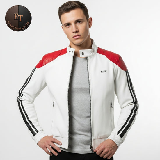 Marlboro White Leather Moto Jacket for Men | Red & Black Racing Stripes | Handmade Genuine Leather Biker Coat | Luxury Motorcore Fashion