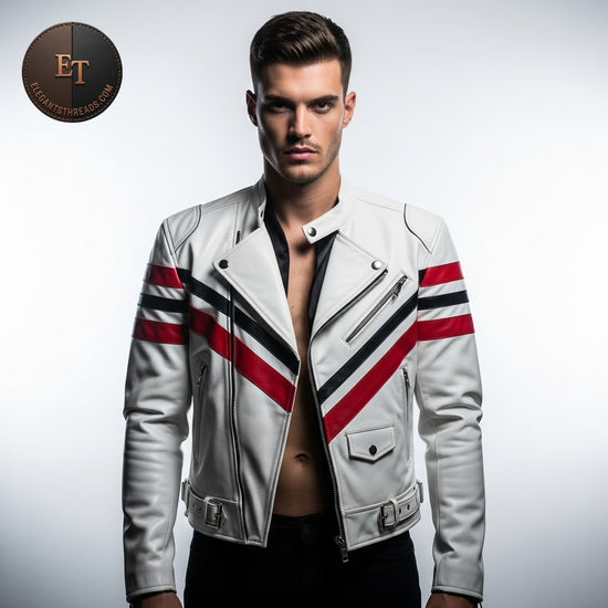 Glossy White Racing Leather Jacket for Men | Red & Black Stripes | Handmade Premium Moto Jacket | Luxury Streetwear Winter Fashion