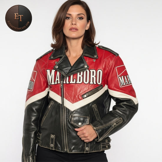 "Vintage 1980s Marlboro-Style Biker Leather Jacket – Red & White Retro Leather"