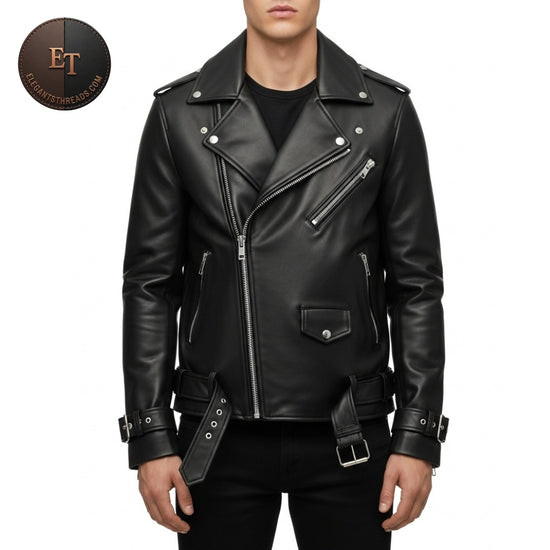 Men’s Black Lambskin Leather Biker Jacket | Slim Fit Motorcycle Style | Handmade Belted Rider Jacket for Men