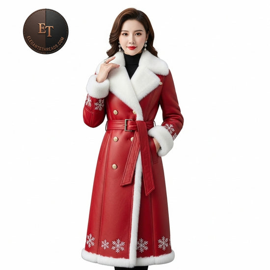Women’s Red Lambskin Leather Long Coat with White Shearling Trim | Christmas Winter Jacket | Elegant Holiday Outfit