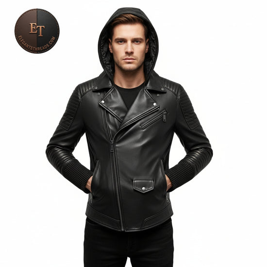 Men’s Black Lambskin Hooded Biker Jacket – Genuine Leather Slim Fit Motorcycle Coat | ElegantThreads