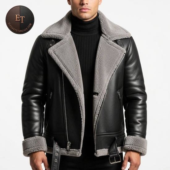 Men’s Black Cowhide Aviator Bomber Jacket with Grey Shearling Collar | Genuine Leather Winter Flight Coat