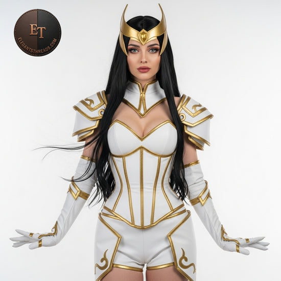 Handmade White & Gold Fantasy Warrior Cosplay Costume | Royal Leather Armor Set | Female Warrior Outfit | Custom-Made Cosplay Suit