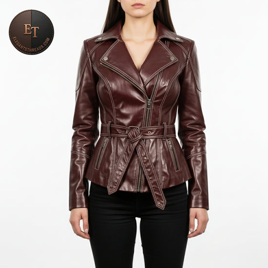 Handmade Cosplay Leather Jacket for Women | Full-Length Stylish Fitted Design | Premium Craftsmanship | ElegantThreads