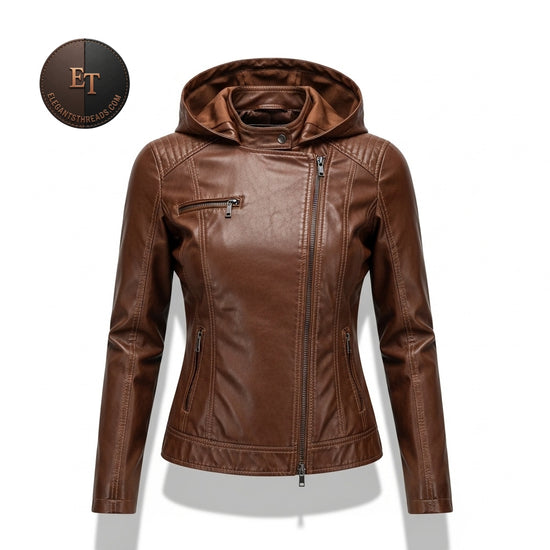 Women’s Brown Sheep Leather Hooded Jacket – Slim Fit Stylish Zip-Up Outerwear by ElegantThreads