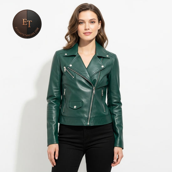 Women’s Emerald Genuine Sheep Leather Moto Jacket – Hooded Slim Fit Biker Coat