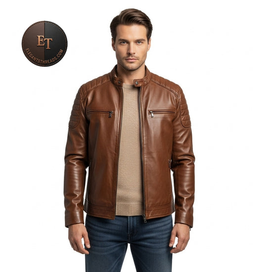 Men’s Caramel Brown Genuine Sheep Leather Jacket – Slim Fit Biker Coat with Quilted Shoulders | ElegantThreads™
