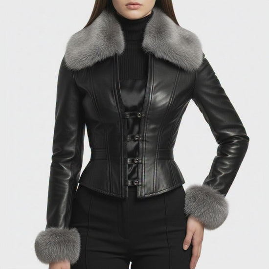 Black Leather Corset-Style Jacket | Luxury Winter Fur Trim Holiday Fashion